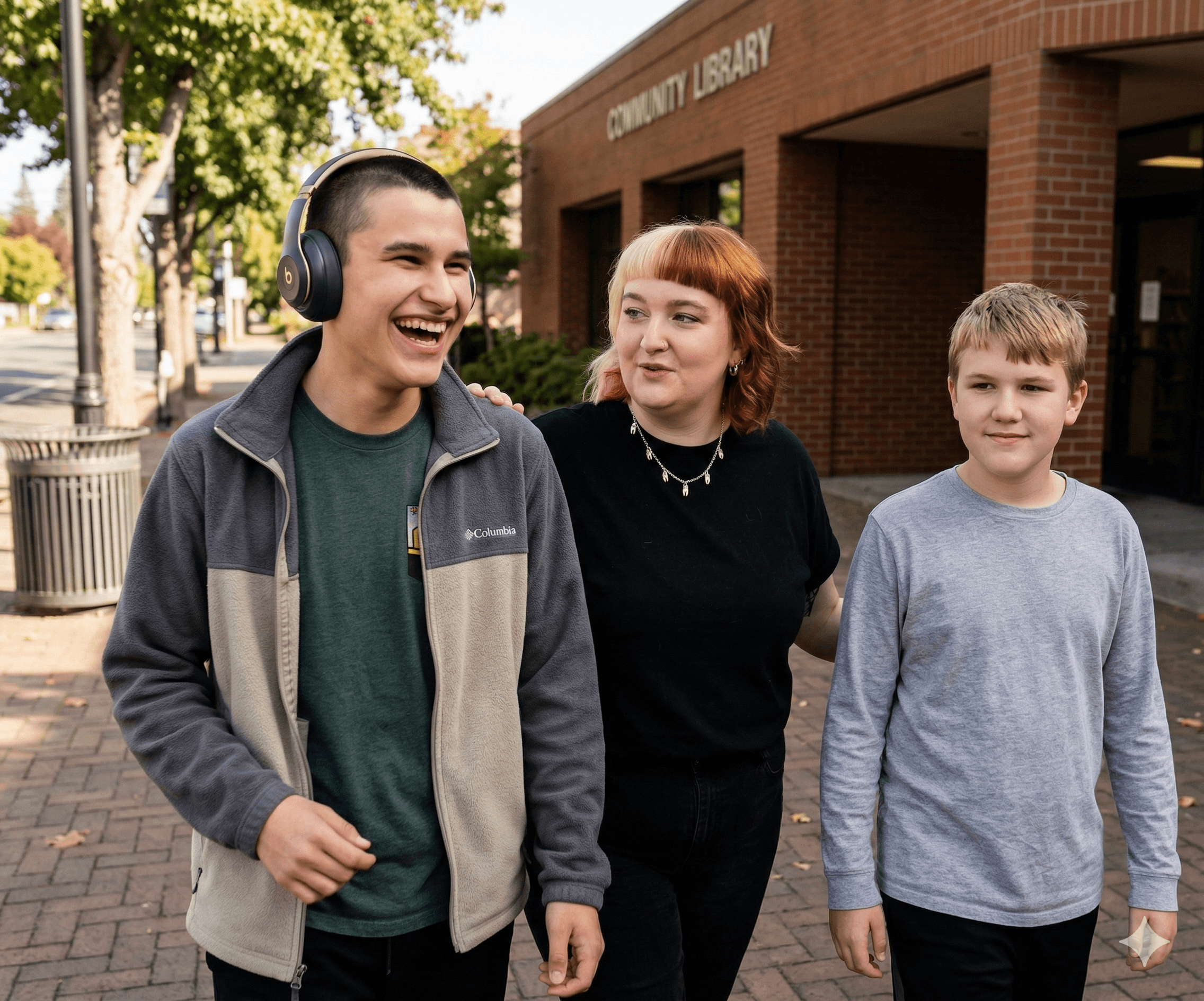 Three young clients walking together outside a community library